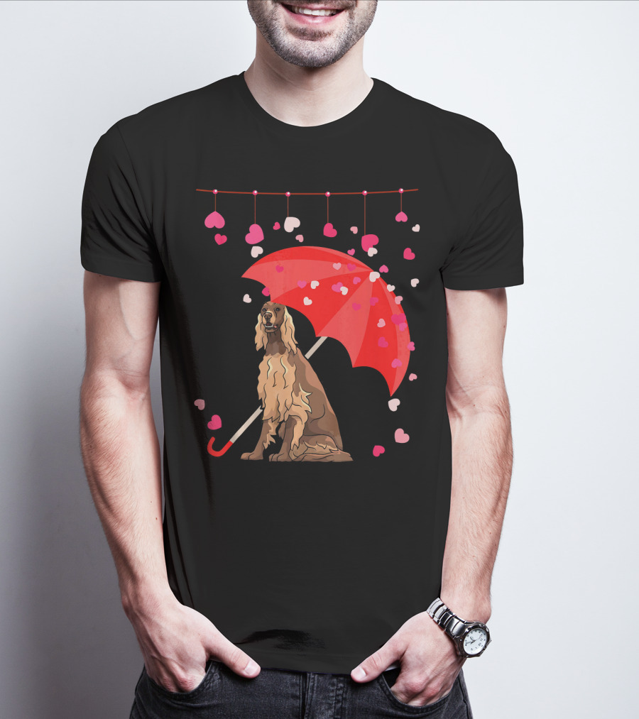 Irish Setter With Red Umbrella And Falling Hearts Valentine T-Shirt