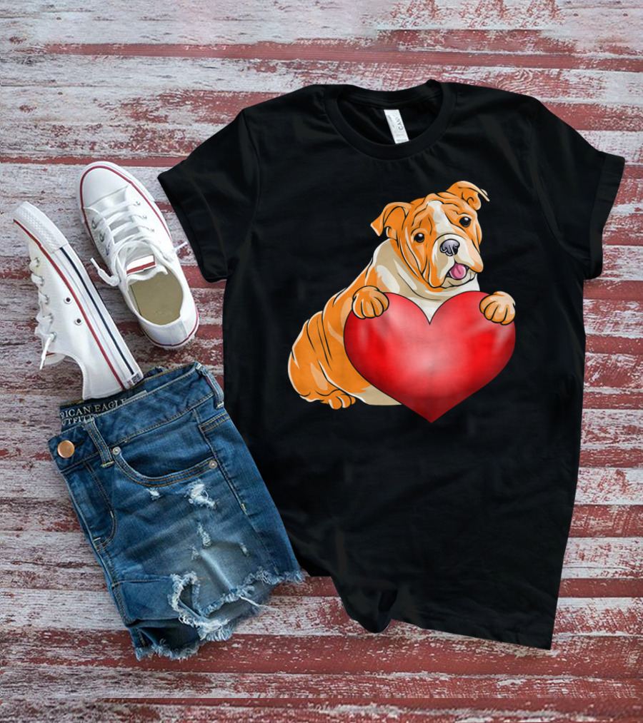 Kids Valentines Day Bulldog Heart Dog T-Shirt