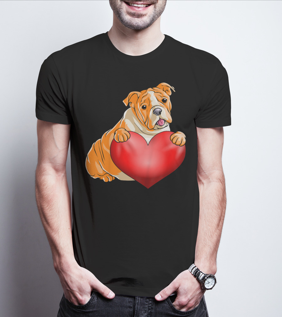 Kids Valentines Day Bulldog Heart Dog T-Shirt
