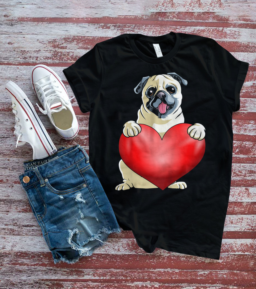 Kids Valentines Day Pug Dog Heart T-Shirt