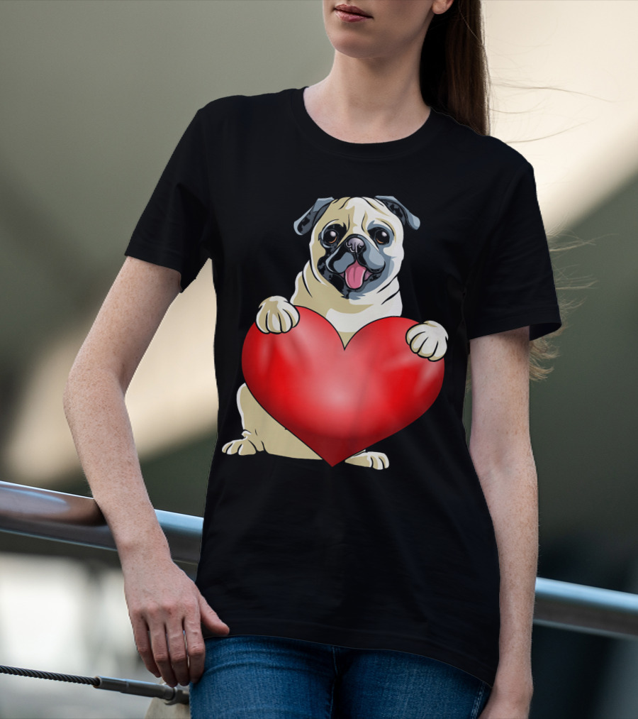 Kids Valentines Day Pug Dog Heart T-Shirt
