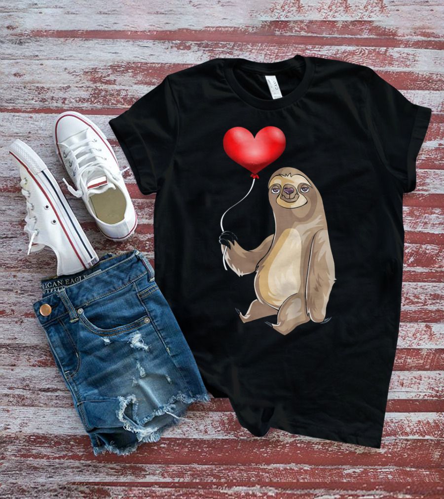 Kids Valentines Day Sloth Holding Heart Balloon T-Shirt