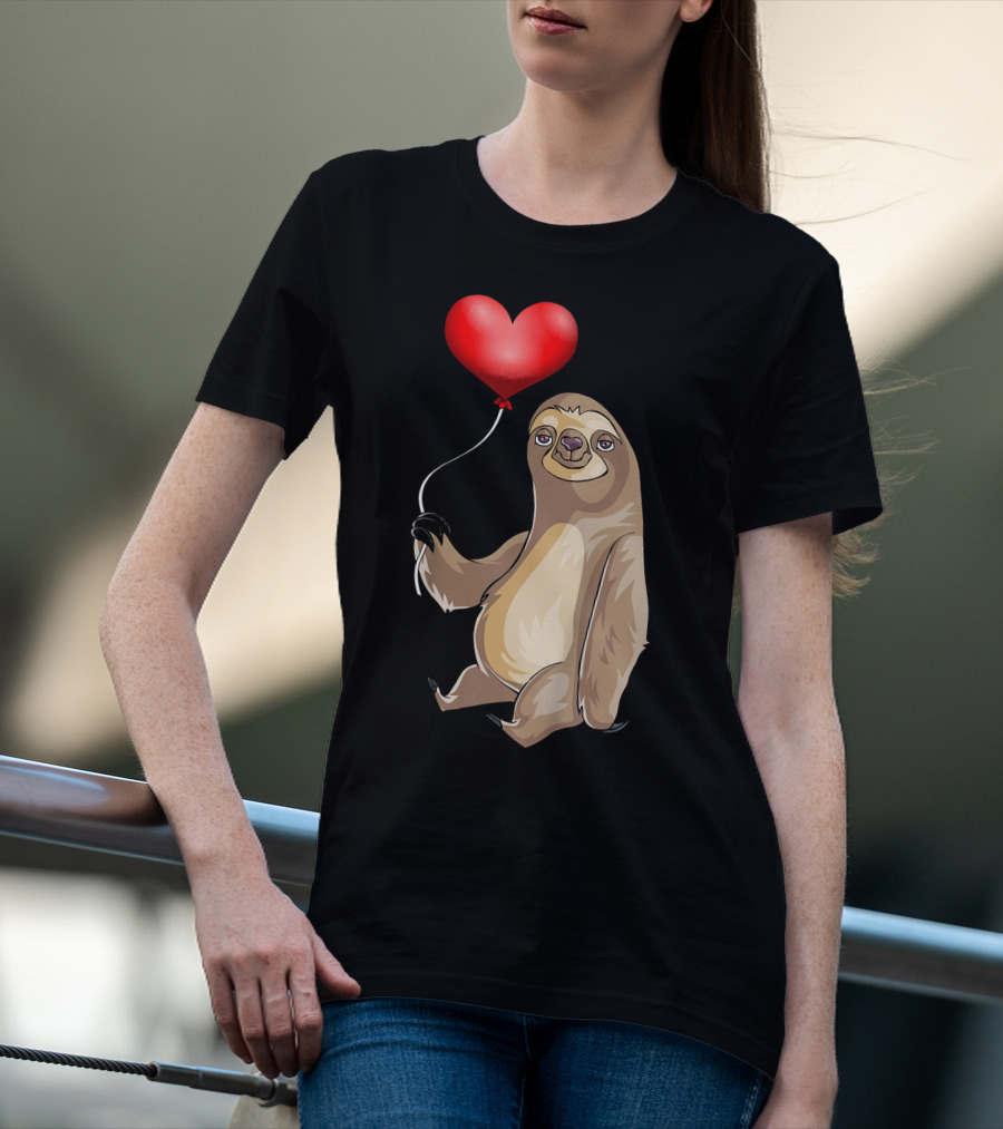 Kids Valentines Day Sloth Holding Heart Balloon T-Shirt
