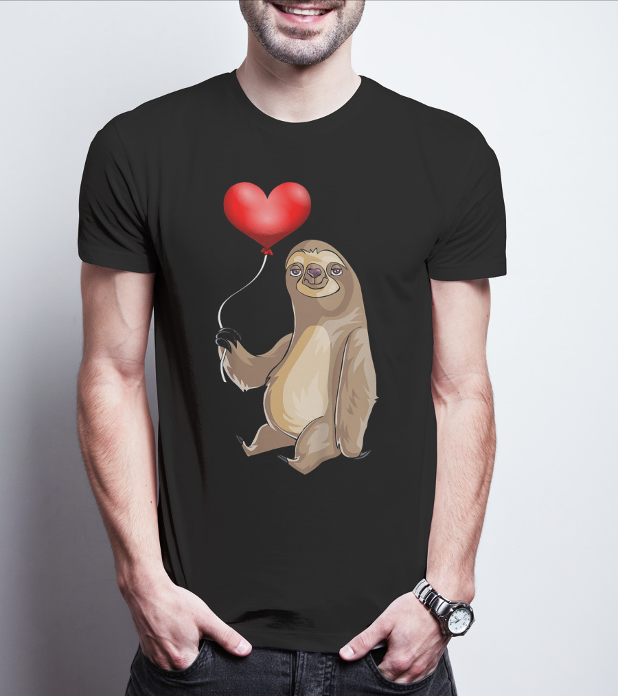 Kids Valentines Day Sloth Holding Heart Balloon T-Shirt