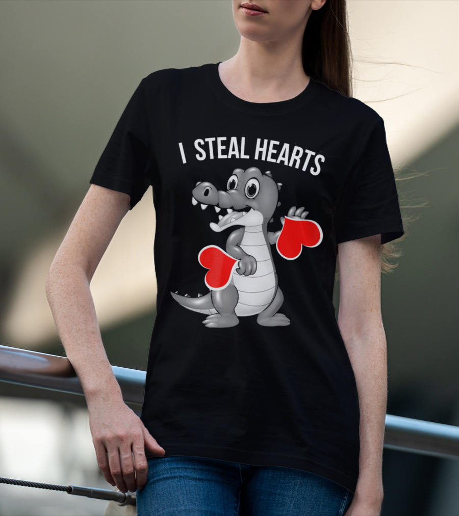 Kids Valentines Day I Steal Hearts Crocodile Holding Red Hearts T-Shirt