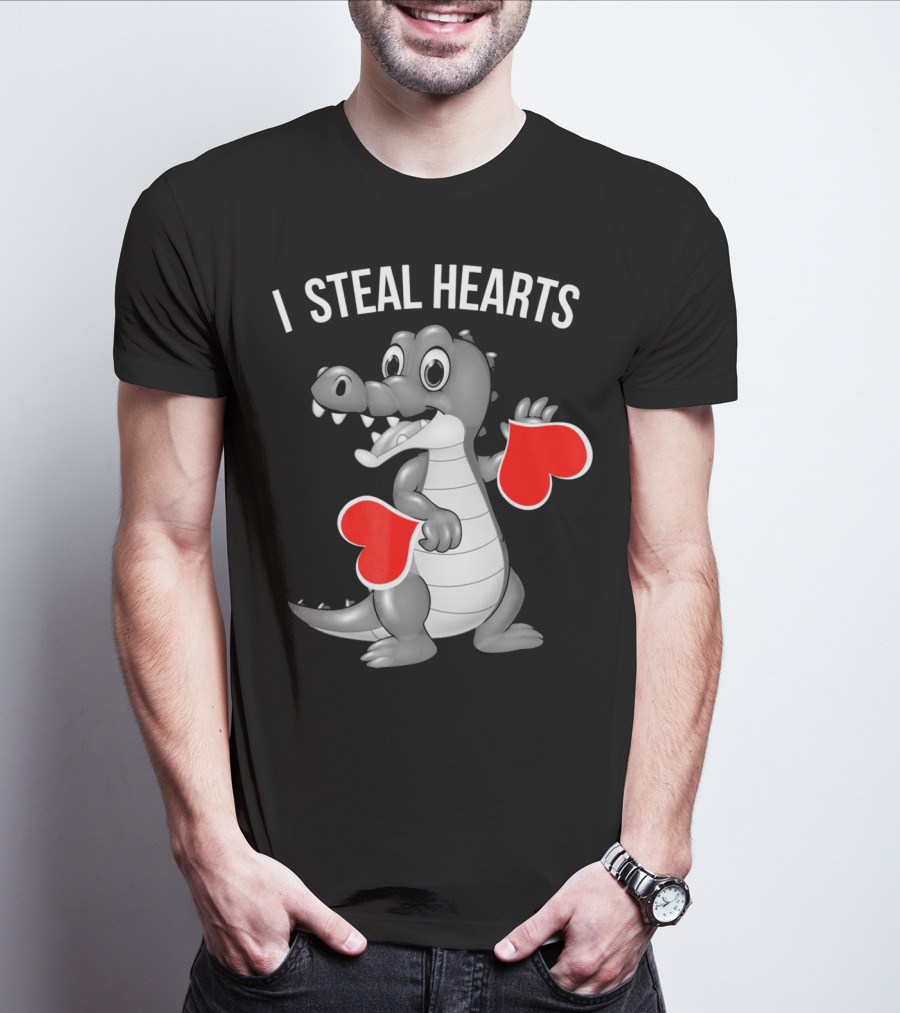 Kids Valentines Day I Steal Hearts Crocodile Holding Red Hearts T-Shirt