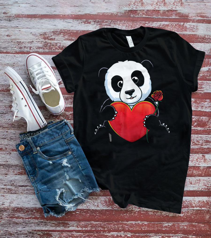 Panda Bear Holding Heart And Rose Valentines Day Love T-Shirt