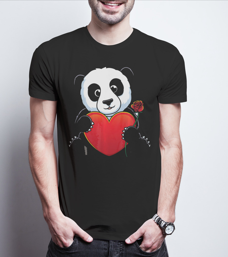 Panda Bear Holding Heart And Rose Valentines Day Love T-Shirt
