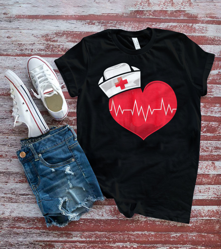Nurse Heartbeat Valentine Costume With White Nurse Hat And Red Heartbeat Line T-Shirt