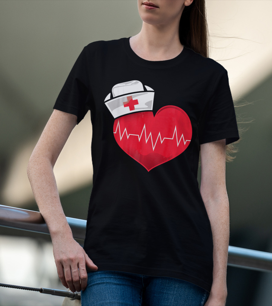 Nurse Heartbeat Valentine Costume With White Nurse Hat And Red Heartbeat Line T-Shirt