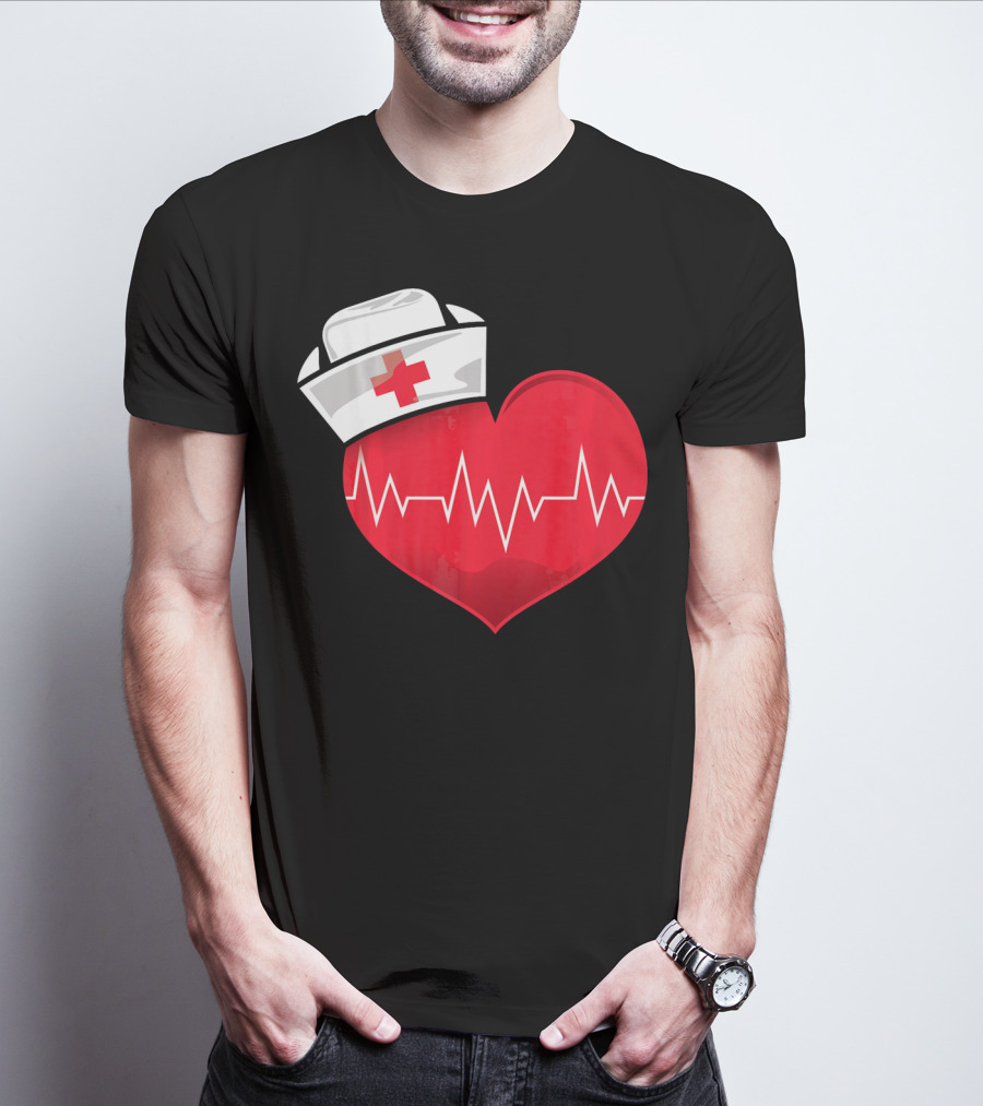 Nurse Heartbeat Valentine Costume With White Nurse Hat And Red Heartbeat Line T-Shirt