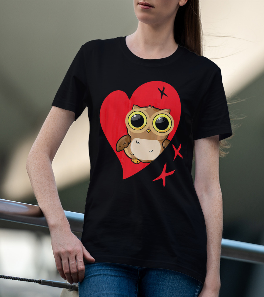 Valentine Day Red Heart Owl With Big Eyes T-Shirt