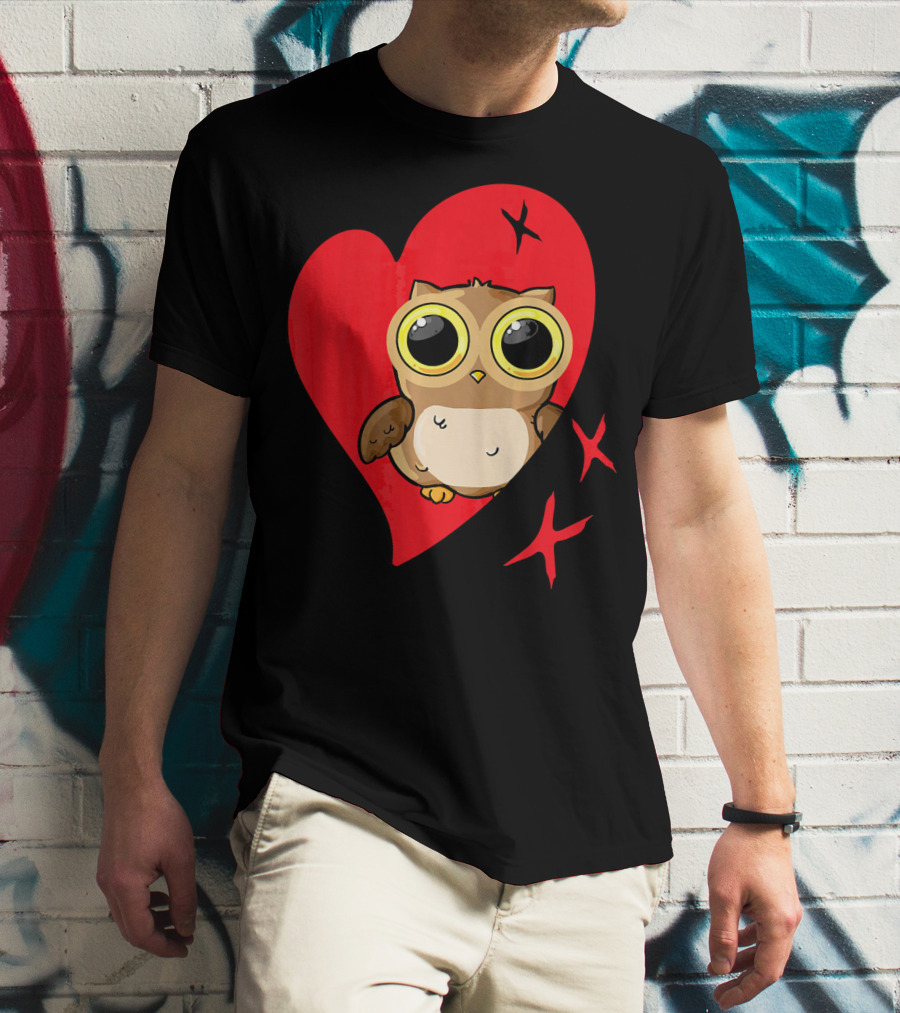 Valentine Day Red Heart Owl With Big Eyes T-Shirt