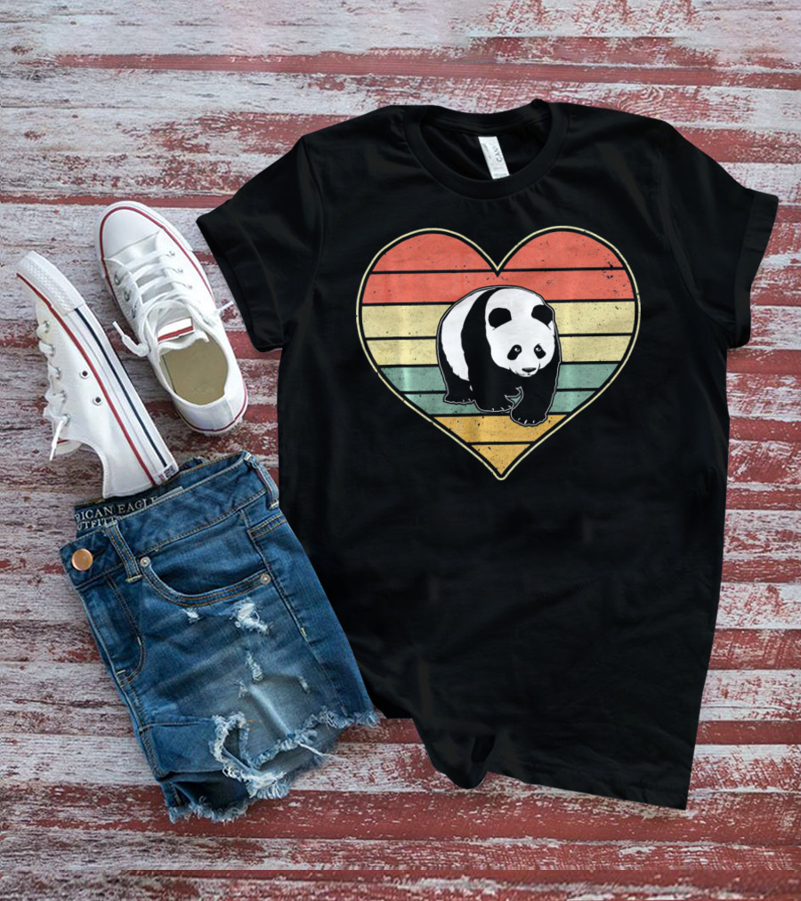 Panda Bear Vintage Heart Retro Stripes T-Shirt
