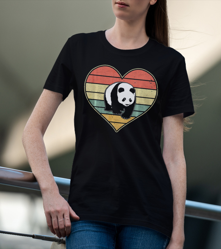 Panda Bear Vintage Heart Retro Stripes T-Shirt