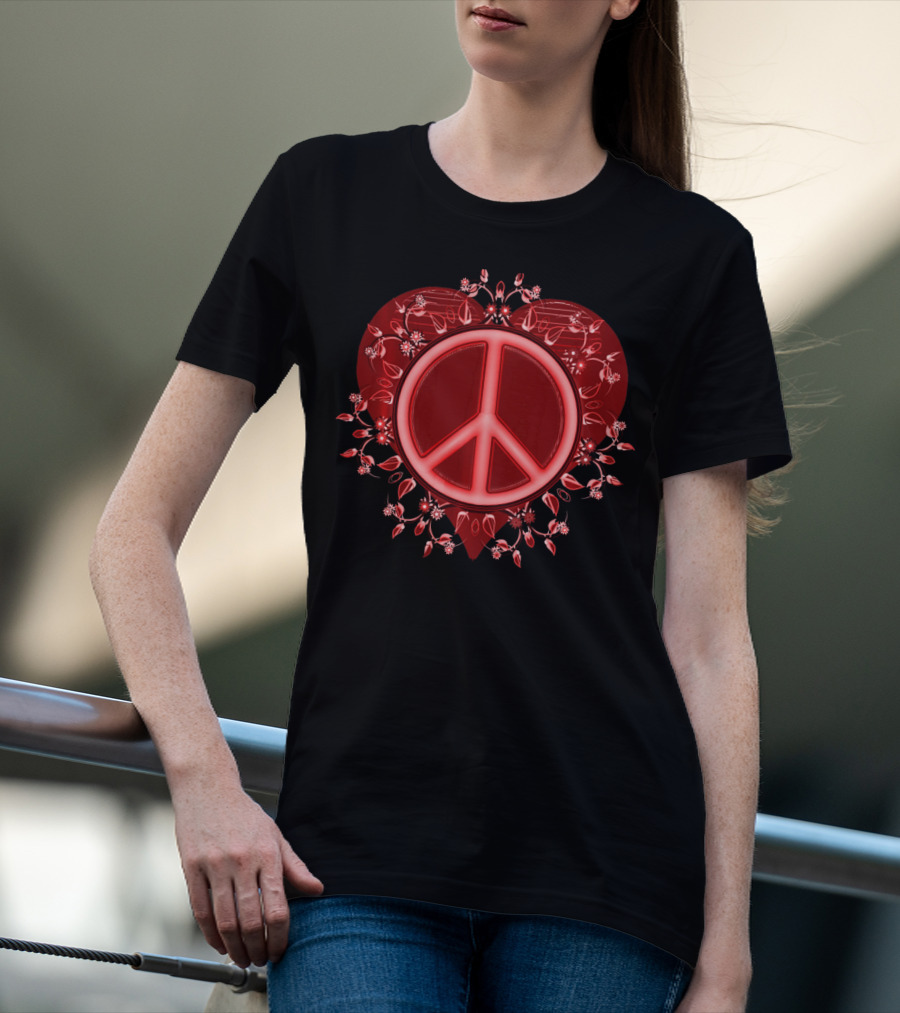 Peace Sign Heart Valentine Floral Embrace T-Shirt