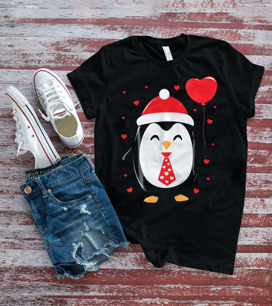 Penguin Valentines Day Heart Balloon Santa Hat And Hearts T-Shirt