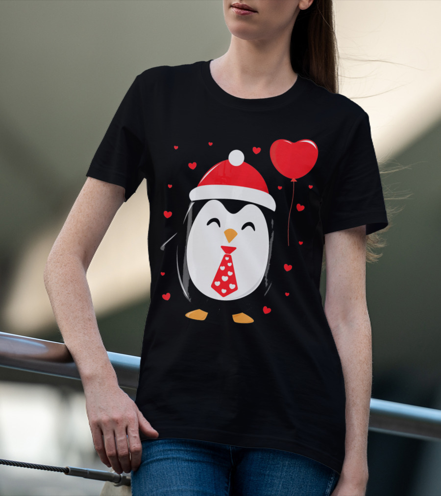 Penguin Valentines Day Heart Balloon Santa Hat And Hearts T-Shirt