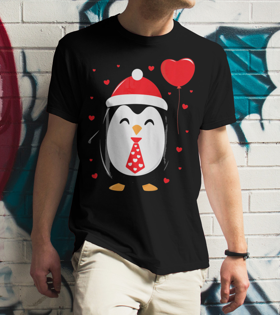 Penguin Valentines Day Heart Balloon Santa Hat And Hearts T-Shirt