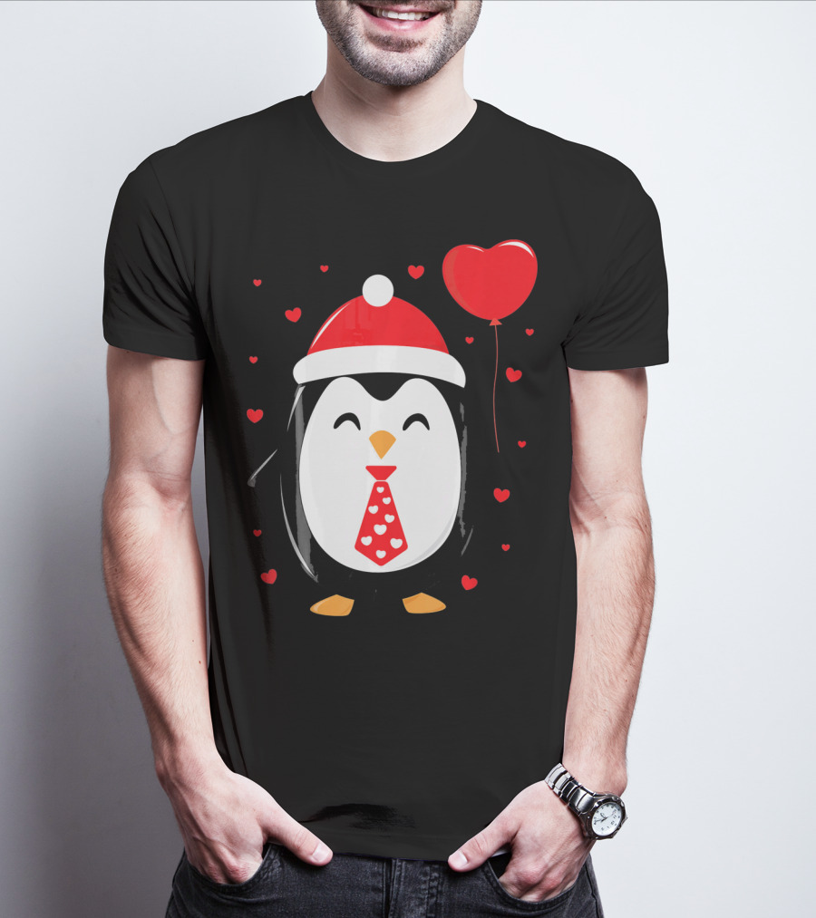 Penguin Valentines Day Heart Balloon Santa Hat And Hearts T-Shirt