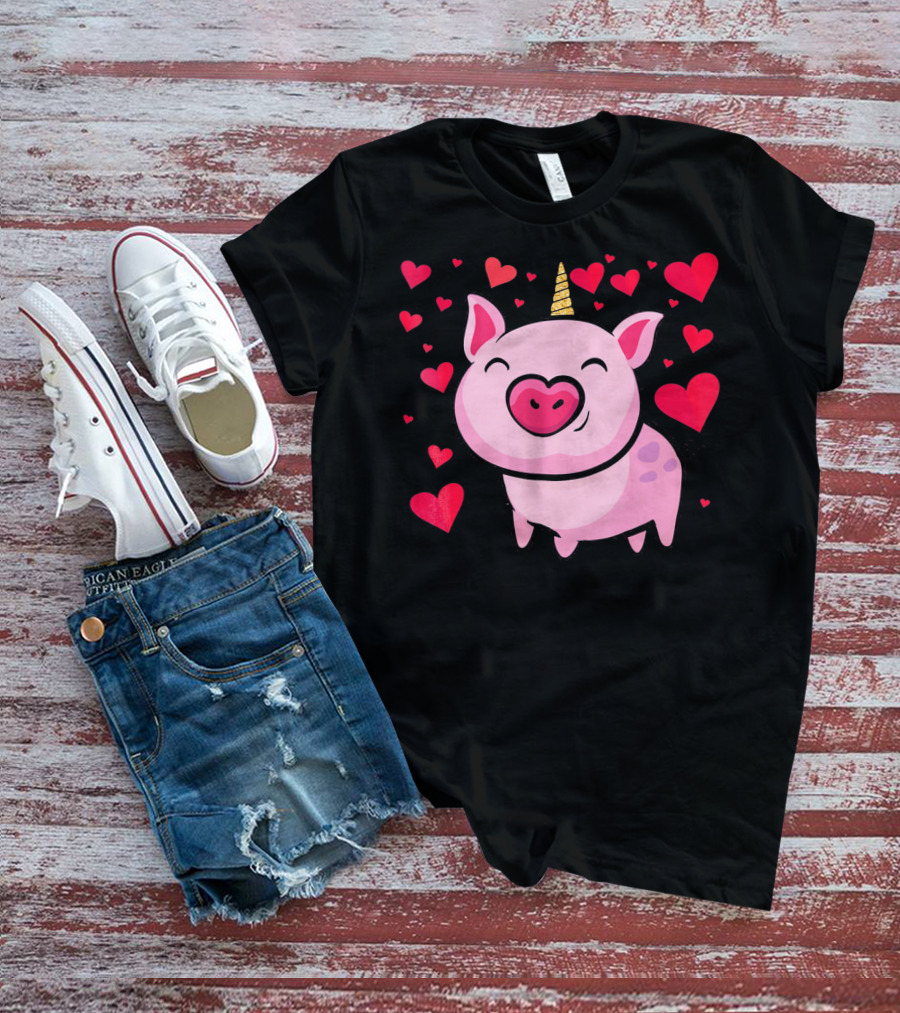 Pigacorn Valentine Unicorn Pig With Hearts For Lovers T-Shirt