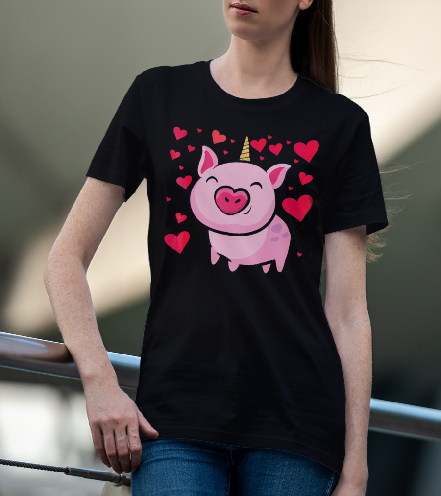 Pigacorn Valentine Unicorn Pig With Hearts For Lovers T-Shirt