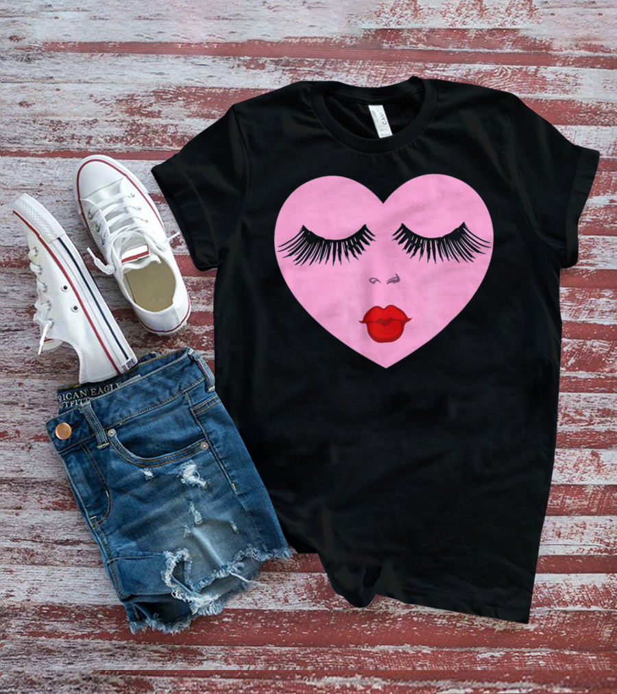Pink Heart With Eyelashes And Red Lips Valentine T-Shirt