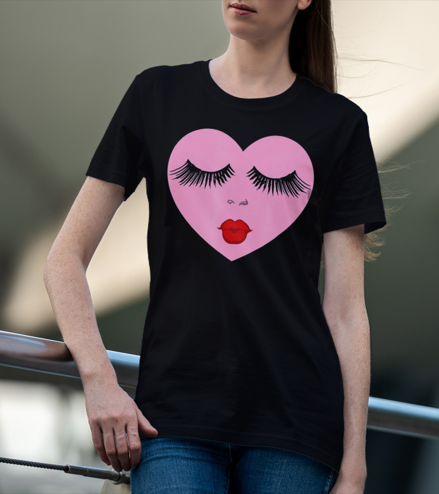 Pink Heart With Eyelashes And Red Lips Valentine T-Shirt