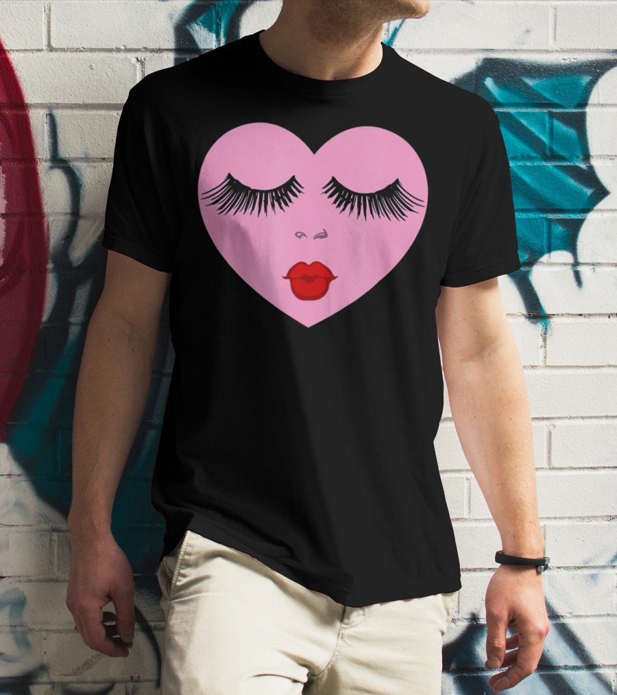 Pink Heart With Eyelashes And Red Lips Valentine T-Shirt