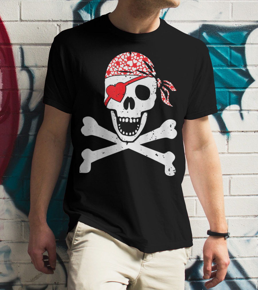Pirate Skull And Crossbones Heart Bandana Eye Patch Flag Va T-Shirt