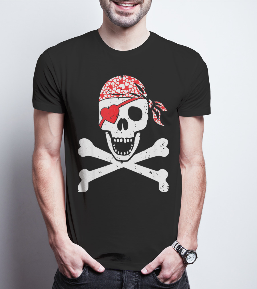Pirate Skull And Crossbones Heart Bandana Eye Patch Flag Va T-Shirt