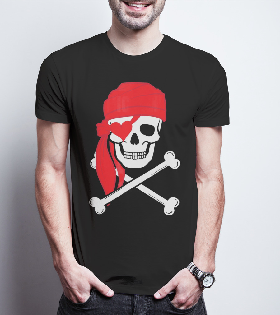 Pirate Skull And Cross Bones Heart Eyepatch Valentines T-Shirt