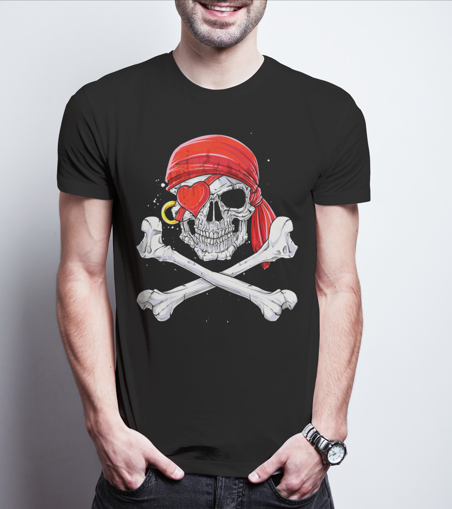 Valentine Pirate Skull With Heart Eye Patch And Crossbones T-Shirt