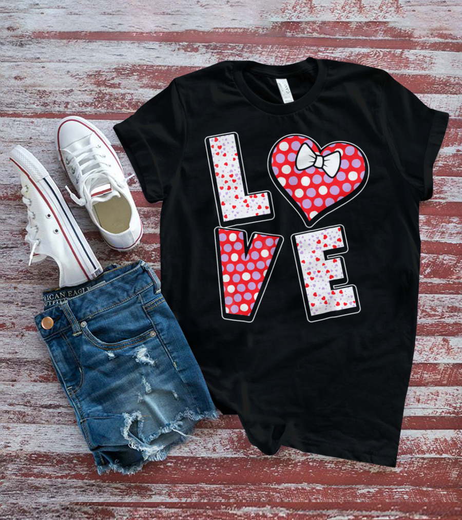 LOVE Polka Dot Heart Bow Tie Valentines T-Shirt