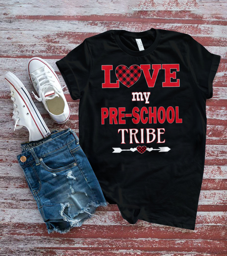LOVE My Preschool Tribe Buffalo Plaid Heart Arrow T-Shirt