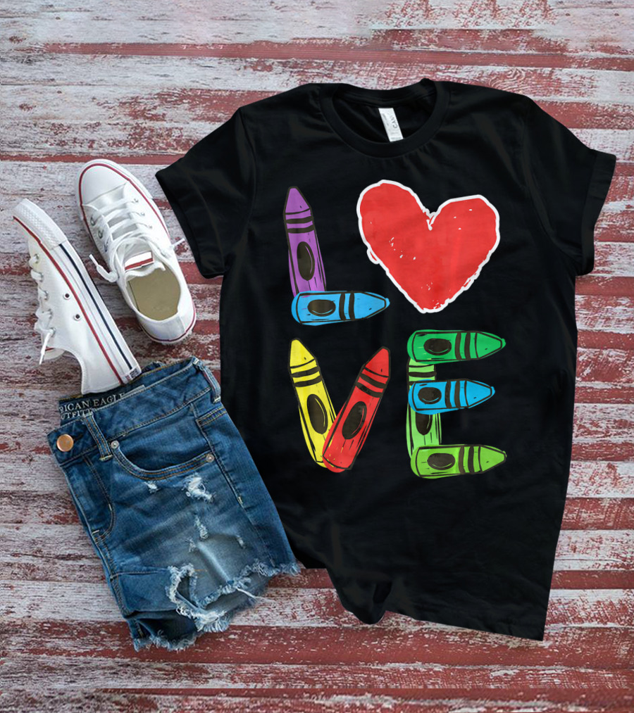 Love Crayon Heart Preschool Teacher Valentines Day T-Shirt