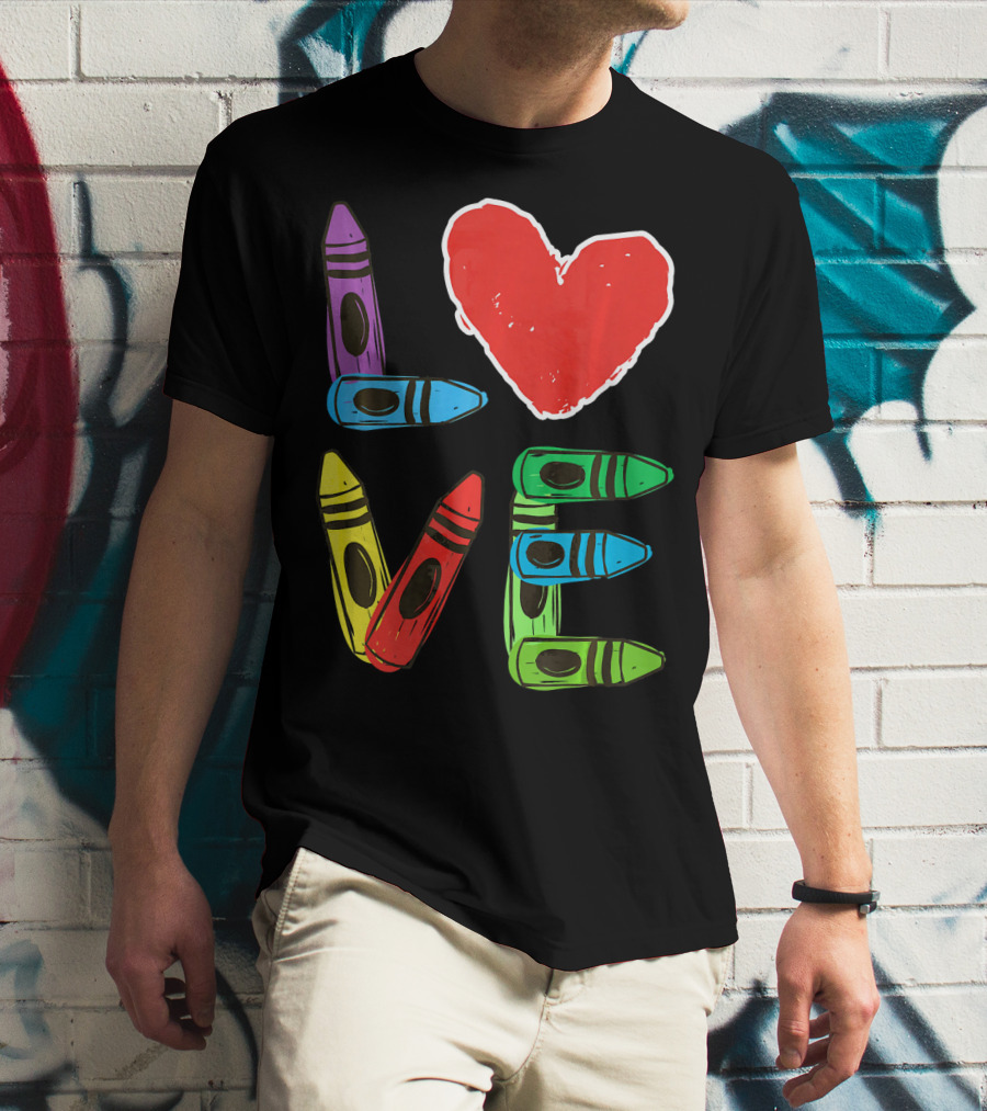 Love Crayon Heart Preschool Teacher Valentines Day T-Shirt