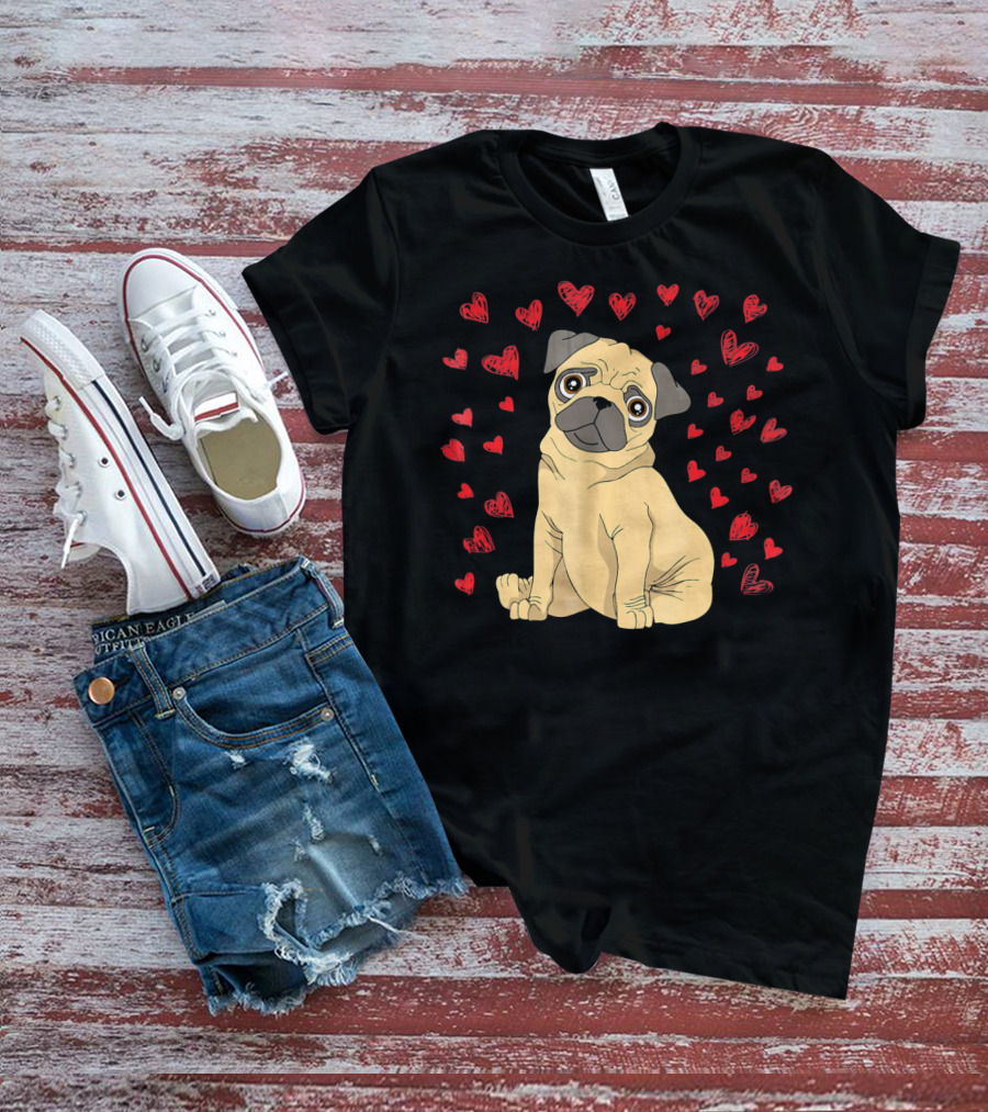 Pug Dog Lover Puppy Surrounded By Red Hearts T-Shirt