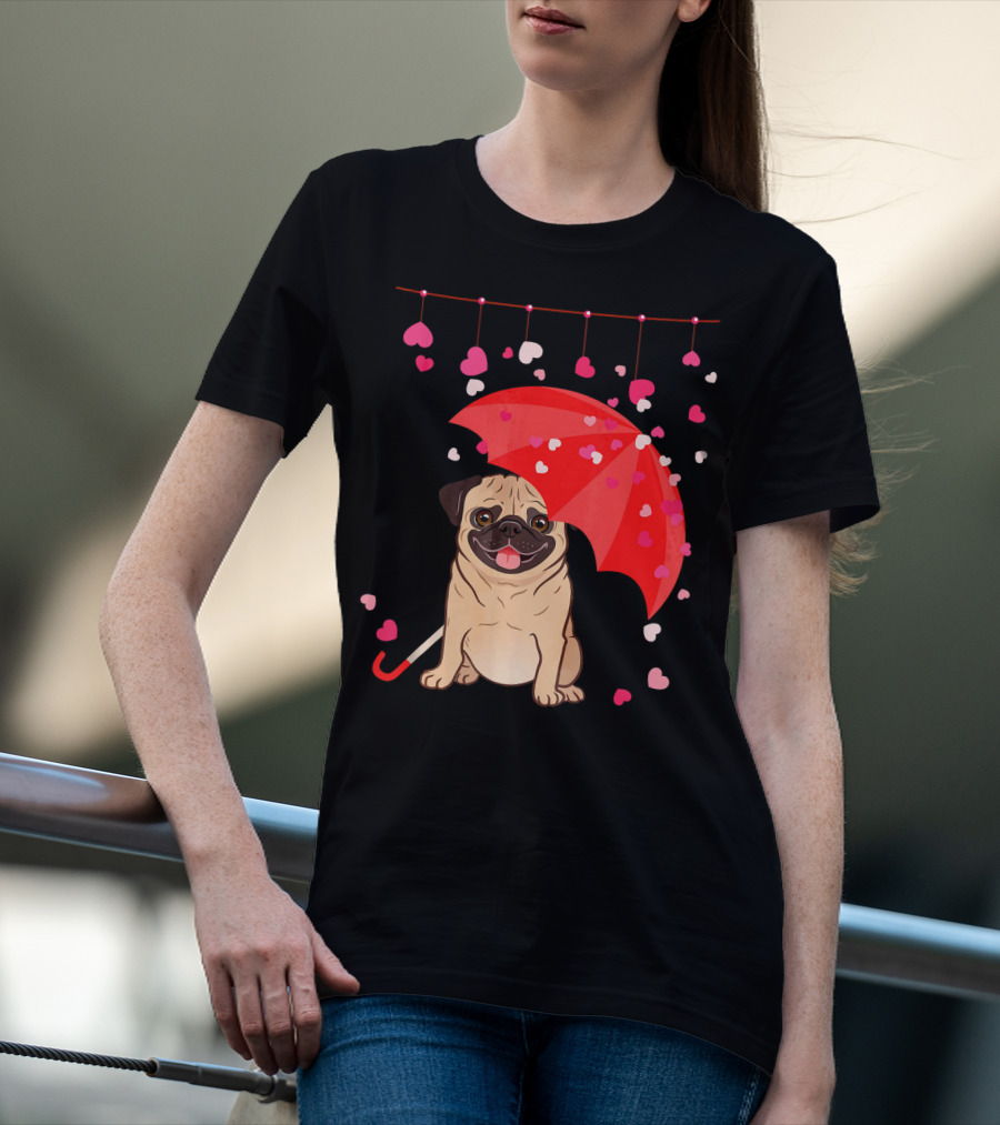 Pug With Umbrella And Falling Hearts Valentine's Day T-Shirt