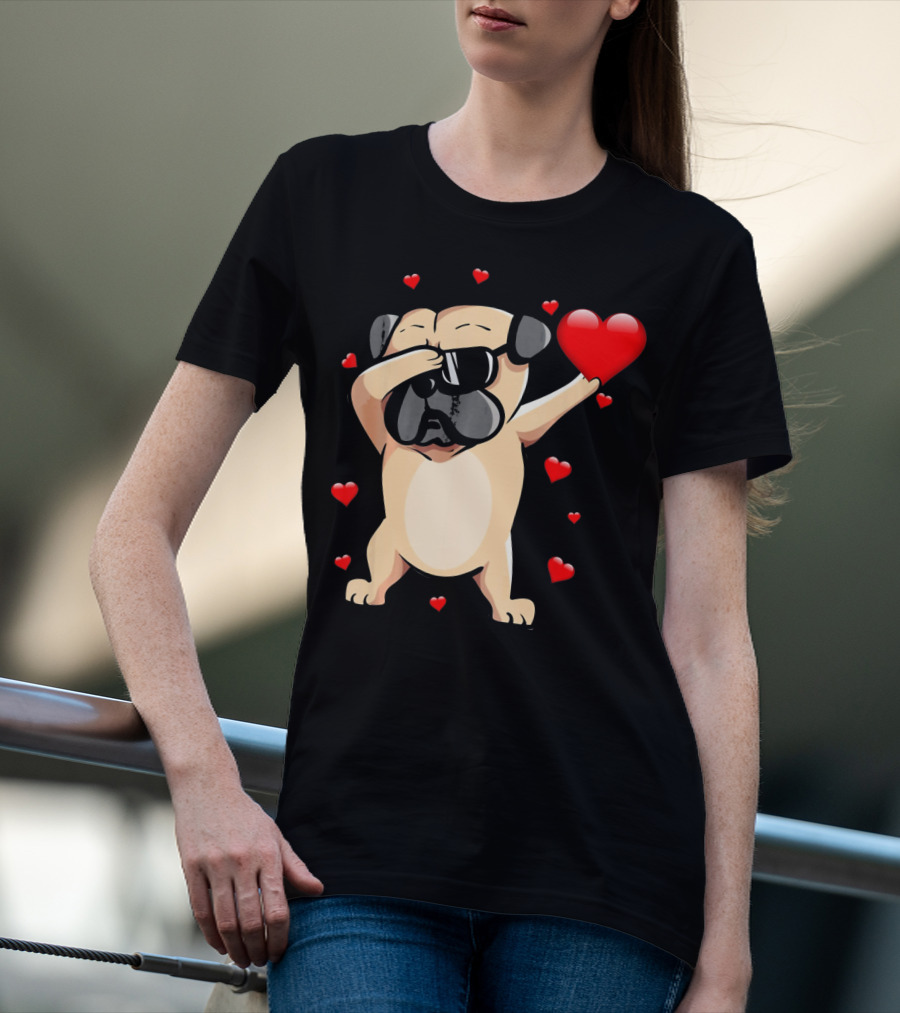 Pug Valentines Day Dabbing Love Dog With Hearts T-Shirt