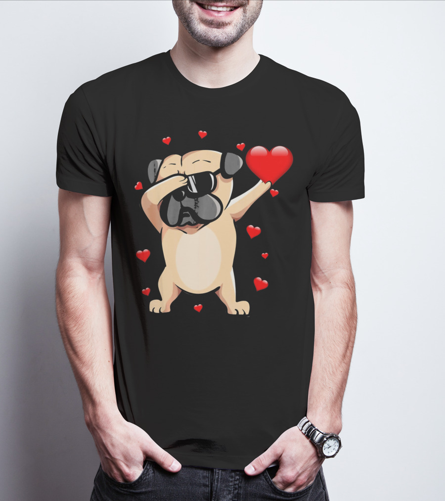 Pug Valentines Day Dabbing Love Dog With Hearts T-Shirt