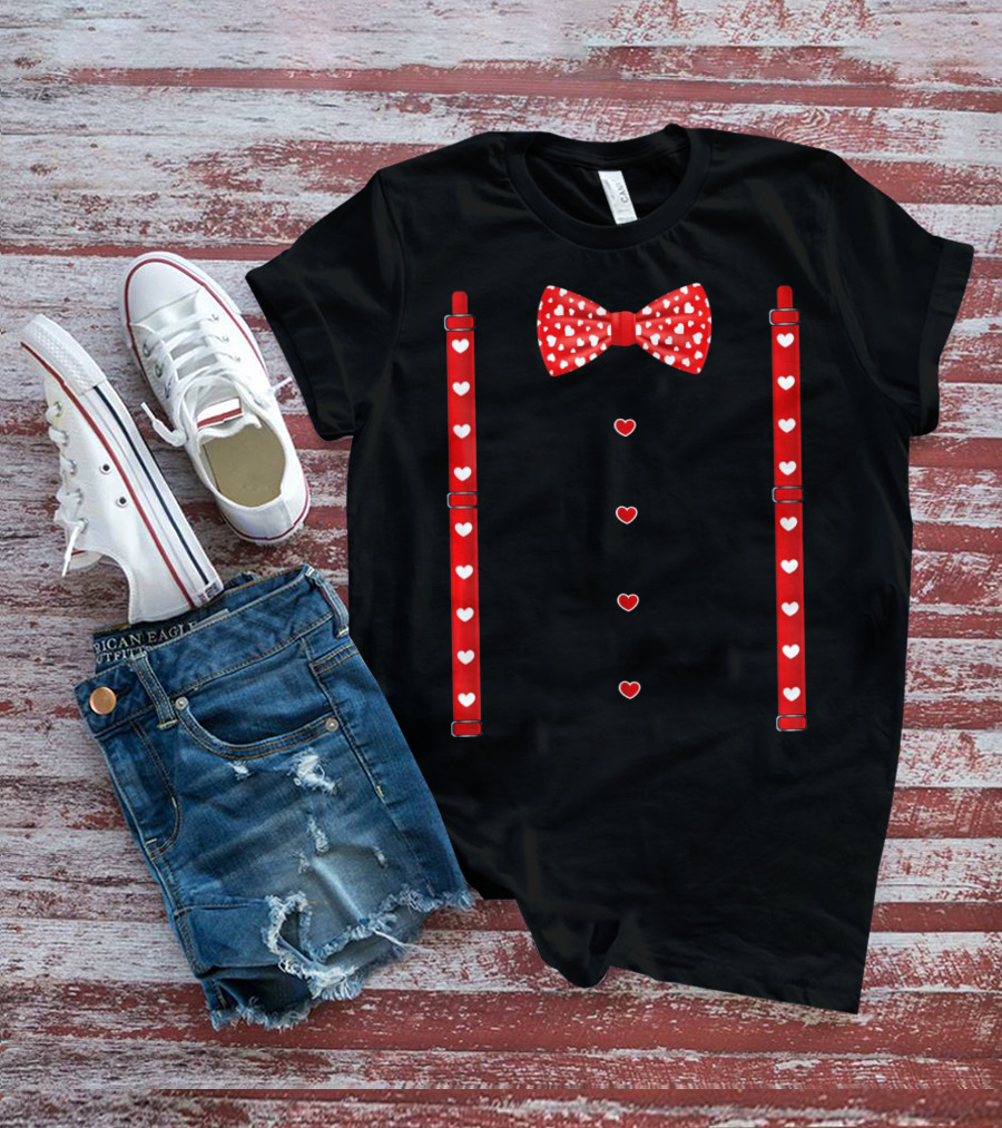 Red Hearts Bow Tie And Suspenders Valentine T-Shirt