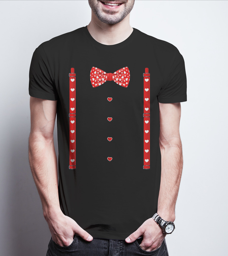 Red Hearts Bow Tie And Suspenders Valentine T-Shirt