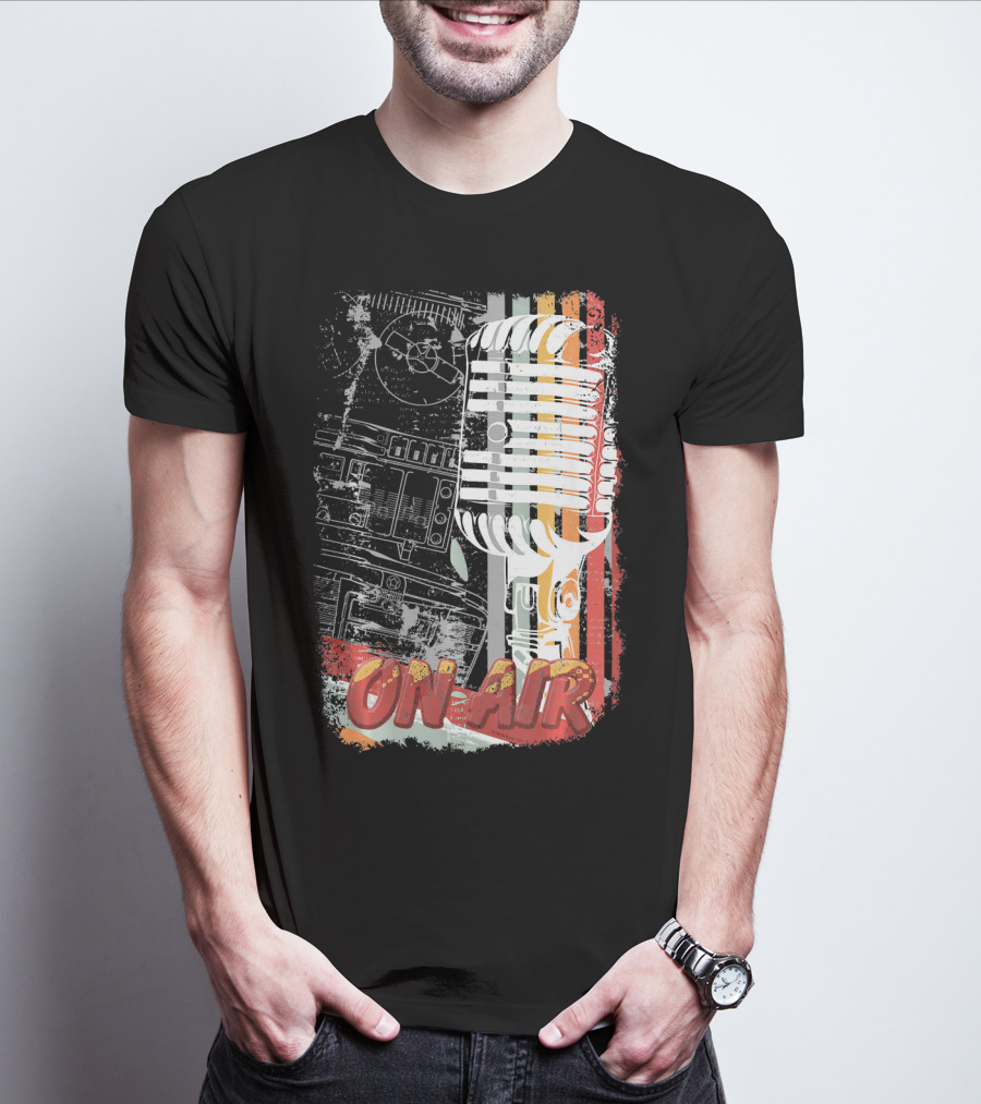 Retro Vintage Microphone On Air Broadcast Stripes T-Shirt