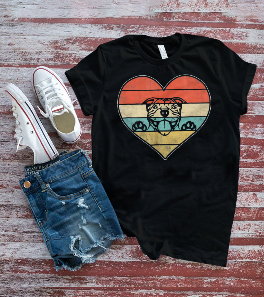 Retro Vintage Pit Bull Heart Valentine Stripes T-Shirt