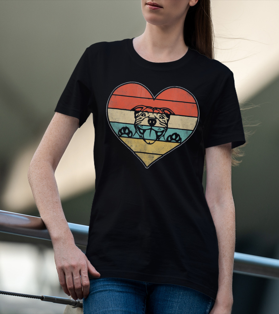 Retro Vintage Pit Bull Heart Valentine Stripes T-Shirt
