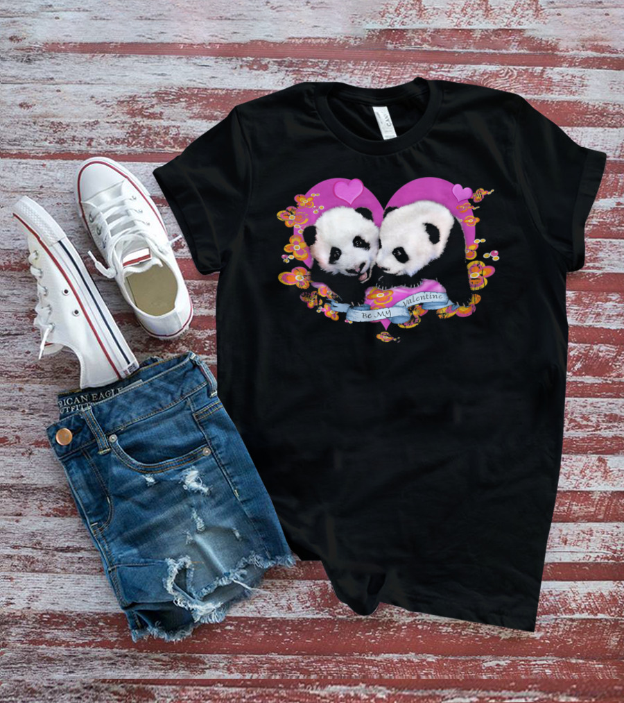 Be My Valentine Robert Campbell Panda Heart Pink Flowers T-Shirt