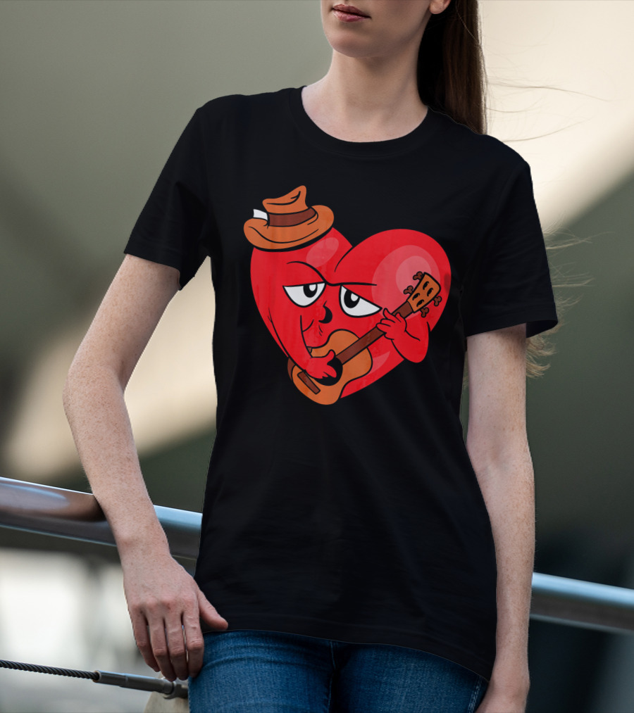 Heart Playing Guitar With Cowboy Hat Valentine's Day T-Shirt
