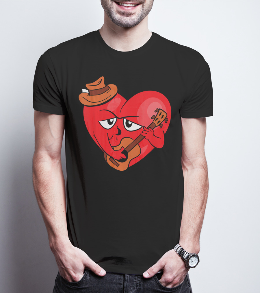Heart Playing Guitar With Cowboy Hat Valentine's Day T-Shirt