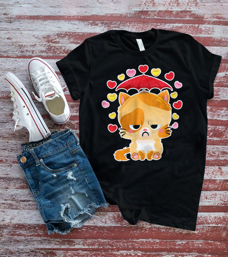 Sad Cat Under Umbrella With Raining Hearts Valentine's Day T-Shirt